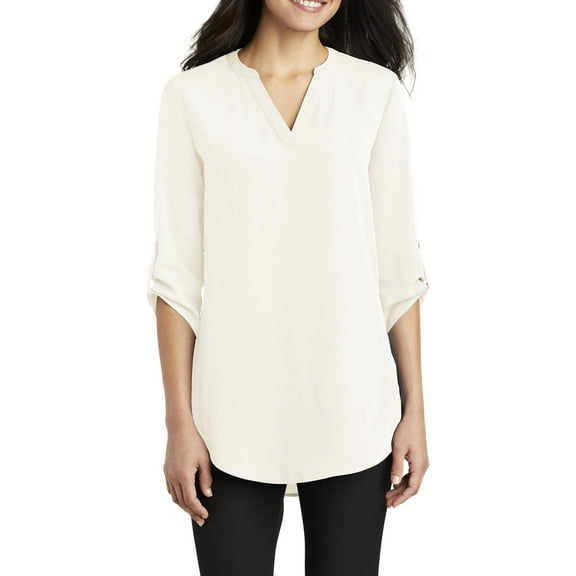 Just Blanks Ladies 3/4-Sleeve Tunic Blouse Metal Buttons Longer Tunic Length, Ivory Chiffon, 4XL