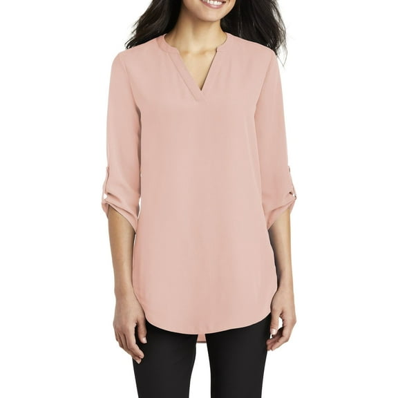 Just Blanks Ladies 3/4-Sleeve Tunic Blouse Metal Buttons Longer Tunic Length, Rose Quartz, 4XL