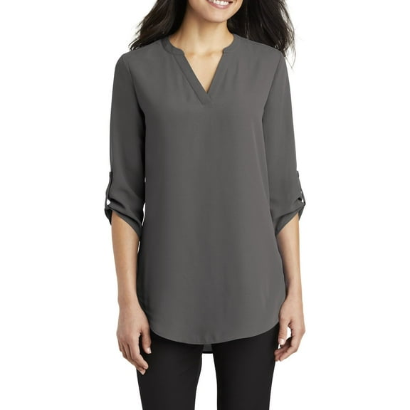 Just Blanks Ladies 3/4-Sleeve Tunic Blouse Metal Buttons Longer Tunic Length, Sterling Grey, 4XL