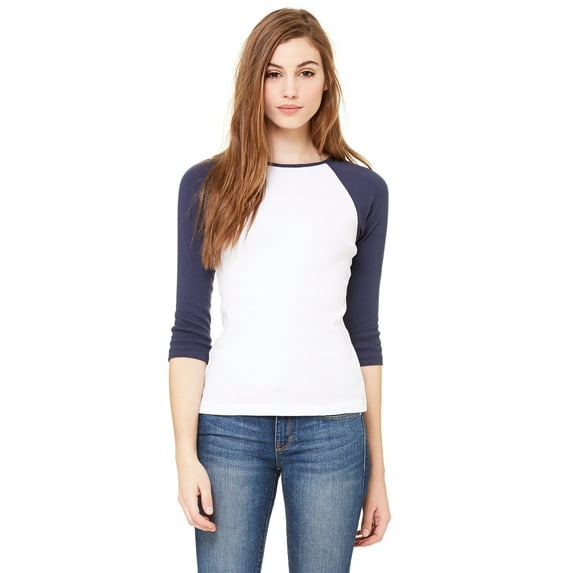 Just Blanks Ladies' Baby Rib 3/4 Sleeve Contrast Raglan T Shirt, WHITE/ NAVY, S