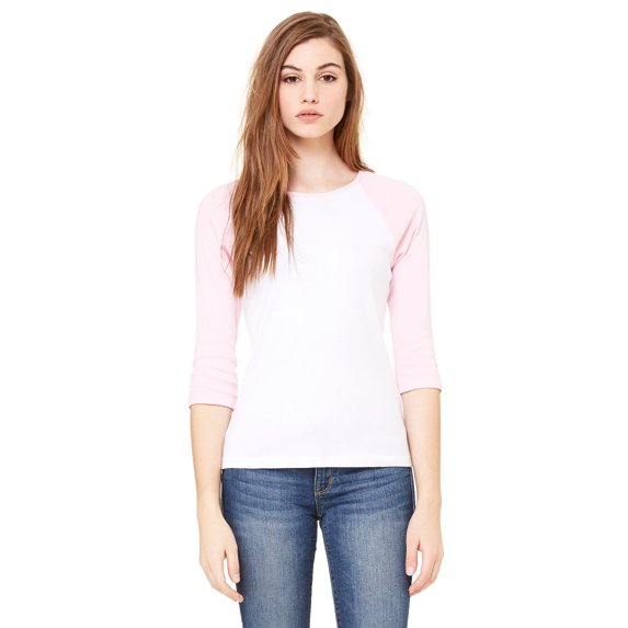 Just Blanks Ladies' Baby Rib 3/4 Sleeve Contrast Raglan T Shirt, WHITE/ PINK, S