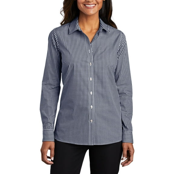 Just Blanks Ladies Broadcloth Gingham Easy Care Shirt, True Navy/ White, 4XL