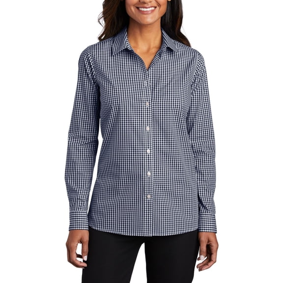 JustBlanks Ladies Broadcloth Gingham Easy Care Shirt Cotton Poly Blend Button Down Collar Long Sleeves
