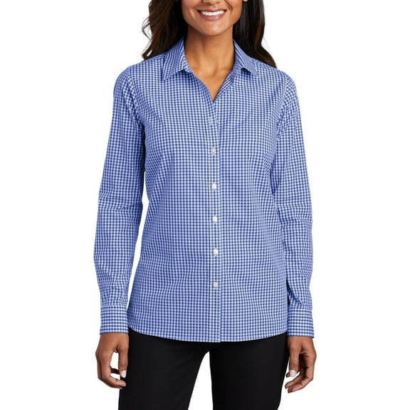 JustBlanks Ladies Broadcloth Gingham Easy Care Shirt Cotton Poly Blend Button Down Collar Long Sleeves