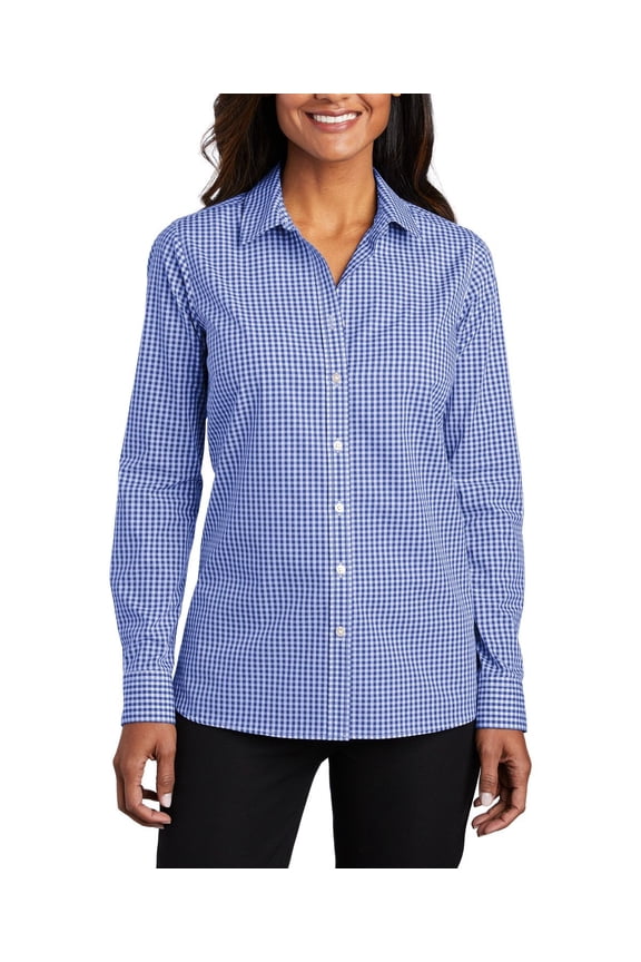 Ladies Broadcloth Gingham Easy Care Shirt Cotton Poly Blend Button Down Collar Long Sleeves
