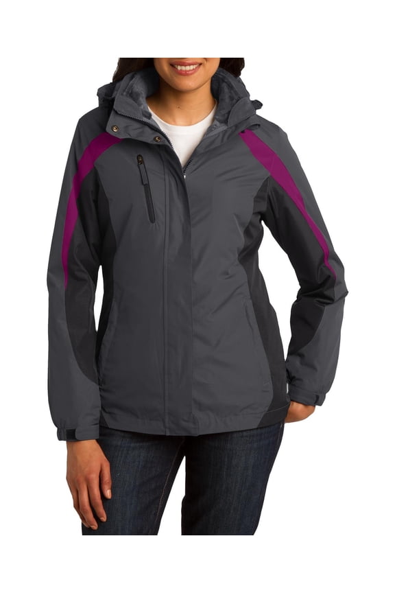 Womens Colorblock 3 in 1 Water Resistant Jacket with Fleece Liner Full Zip Detachable Hood Long Sleeves