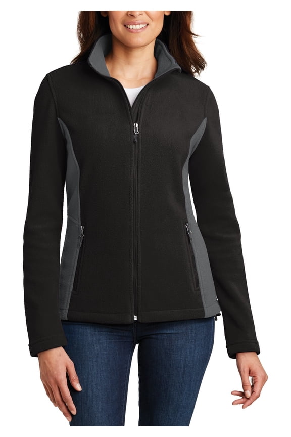 Just Blanks Ladies Colorblock Value Fleece Jacket, Black/ Battleship Grey, 4XL