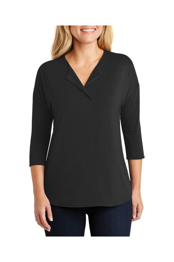 Womens 3 4 Sleeve Soft Jersey Woven Split Neck Top