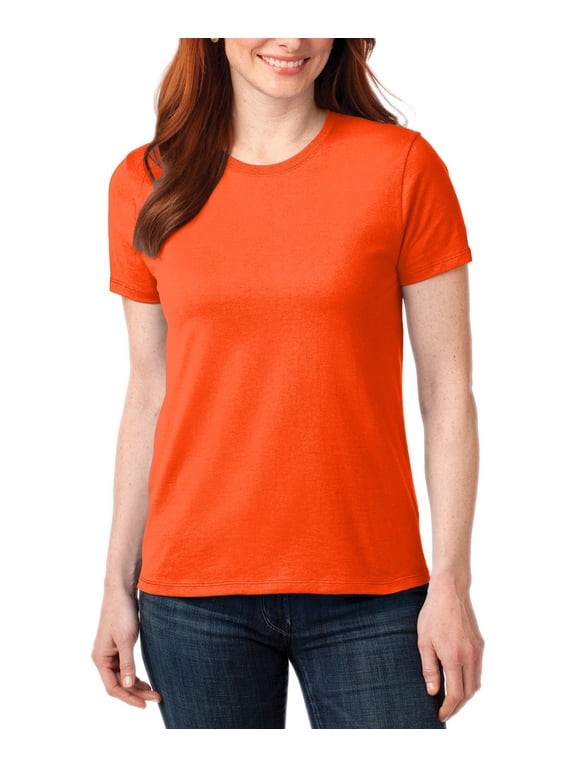 Just Blanks Ladies Core Blend Tee Rib Knit Collar Shoulder To Shoulder Back Neck Tape Side Seamed , Safety Orange, 4XL