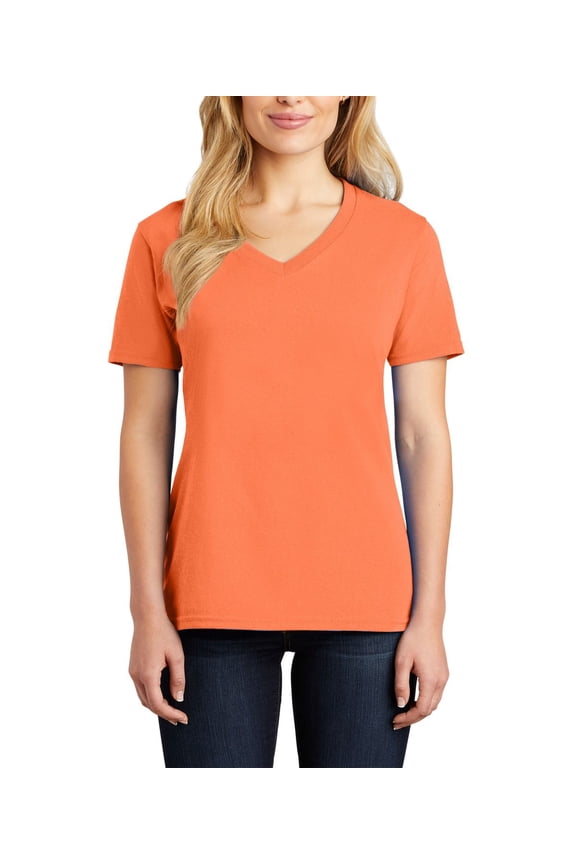 Just Blanks Ladies Core Cotton V-Neck Tee, Neon Orange, 4XL