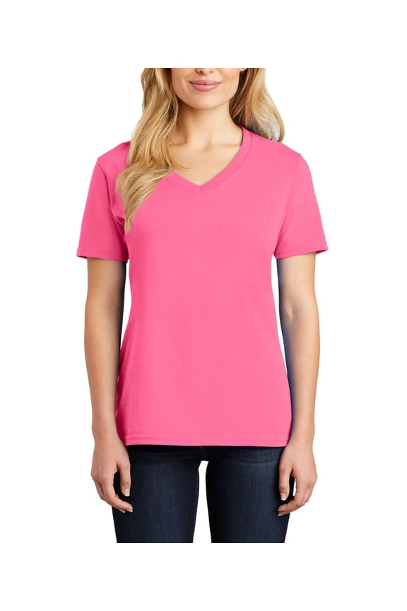 Just Blanks Ladies Core Cotton V-Neck Tee, Neon Pink, 4XL