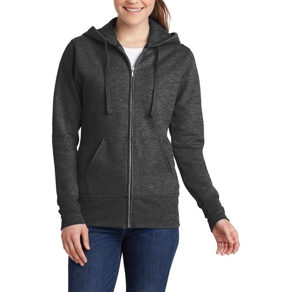 Just Blanks Ladies Core Fleece Full-Zip Hooded Sweatshirt, Dark Heather Grey, 4XL