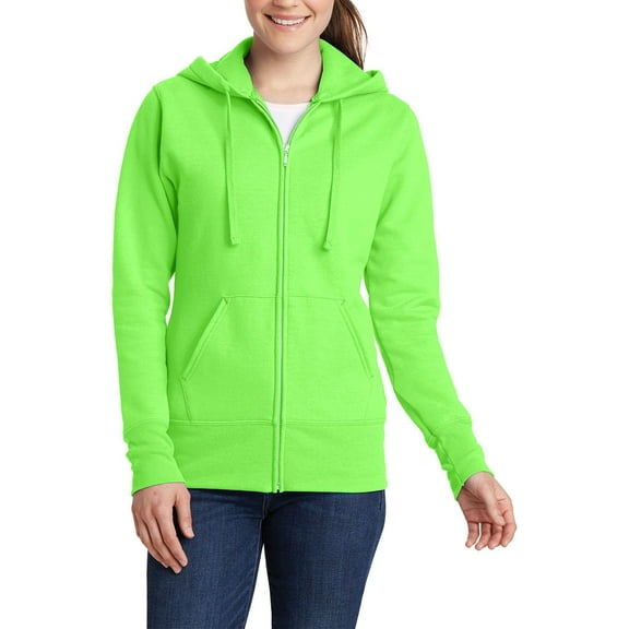 Just Blanks Ladies Core Fleece Full-Zip Hooded Sweatshirt, Neon Green, 4XL