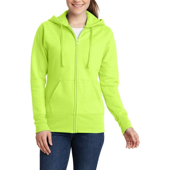 Just Blanks Ladies Core Fleece Full-Zip Hooded Sweatshirt, Neon Yellow, 4XL