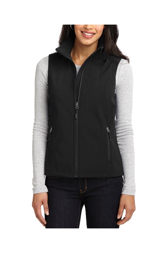 Womens Soft Shell Vest Polyester Stretch Fabric Water Resistant Sleeveless Full Zip Cadet Collar