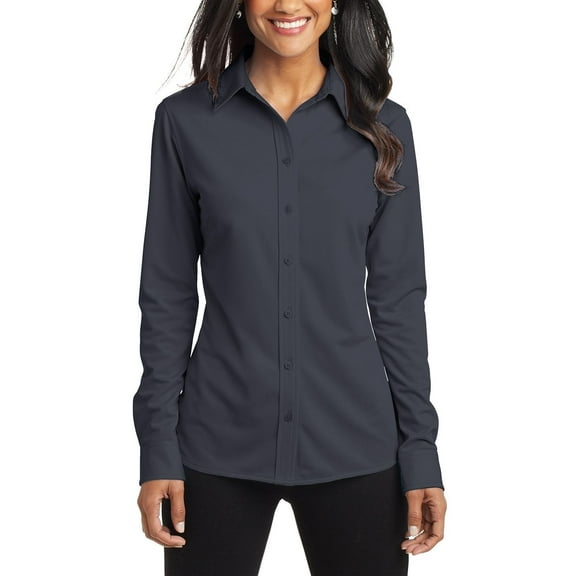 JustBlanks Womens Stretch Polyester Knit Dress Shirt Moisture Wicking Long Sleeve Button Up Open Collar