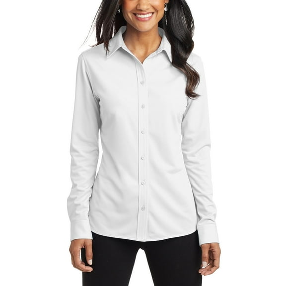 Just Blanks Ladies Dimension Knit Dress Shirt Gently Contoured Silhouette Open Collar, White, 4XL