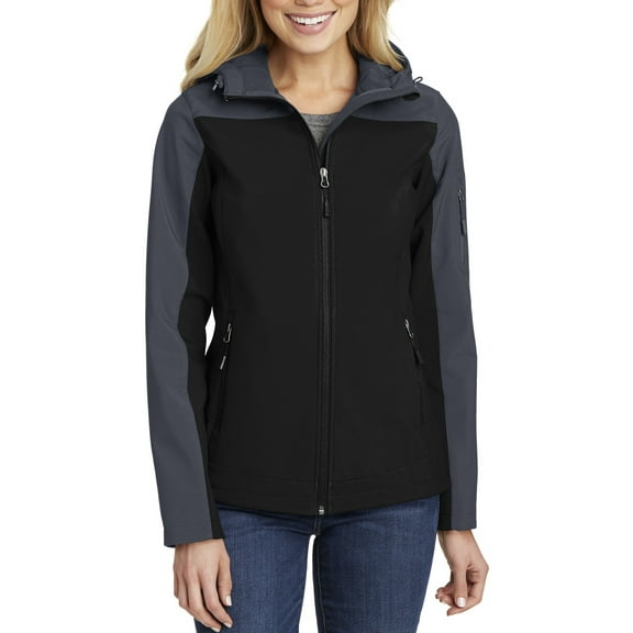 Just Blanks Ladies Hooded Core Soft Shell Jacket, Black/ Battleship Grey, 4XL