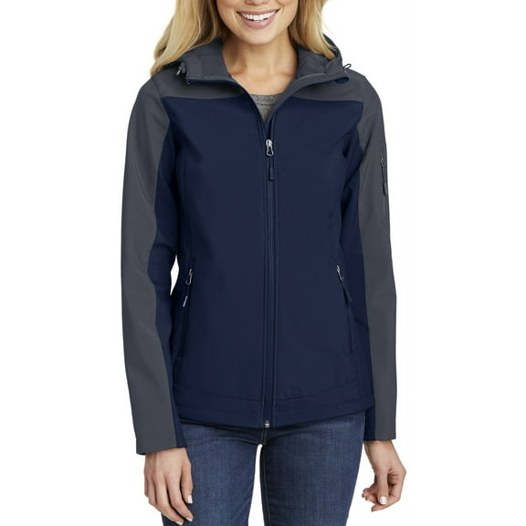 Just Blanks Ladies Hooded Core Soft Shell Jacket, Dress Blue Navy/ Battleship Grey, 4XL