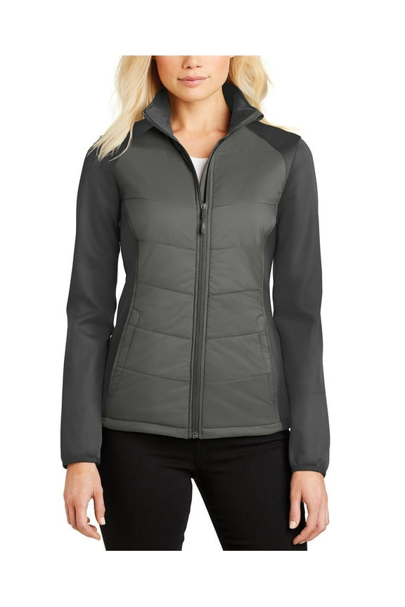 Just Blanks Ladies Hybrid Soft Shell Jacket Reverse Coil Zippers Front Zippered Pockets, Smoke Grey/ Grey Steel, 4XL