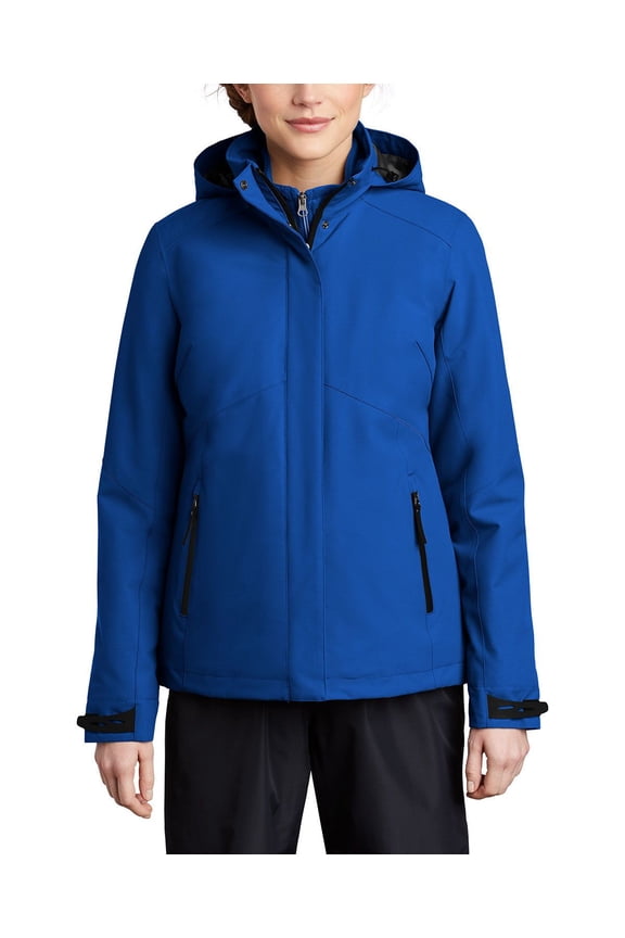 Womens Insulated Waterproof Tech Jacket Polyester Shell Adjustable Hood Full Zip Front