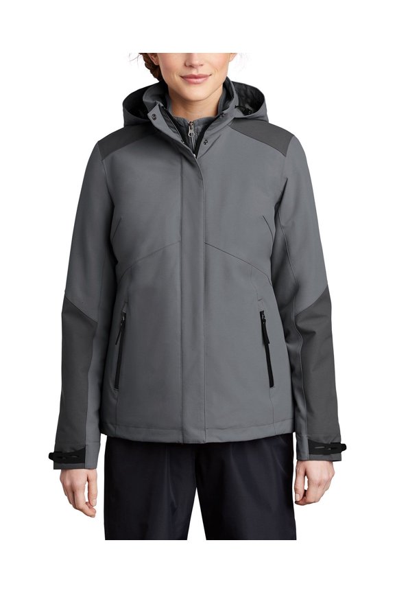 Womens Insulated Waterproof Tech Jacket Polyester Shell Adjustable Hood Full Zip Front