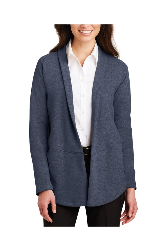 Just Blanks Ladies Interlock Cardigan Shawl Collar Side Seam Pockets, Estate Blue Heather/ Charcoal Heather, 4XL