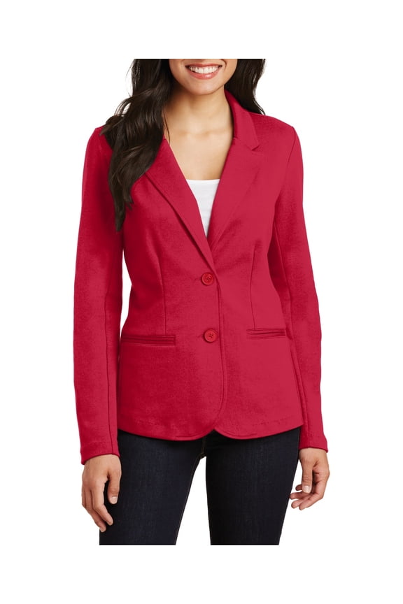 Just Blanks Ladies Knit Blazer 2-Button Front Closure Back Vent Welt Pockets, Rich Red, 4XL
