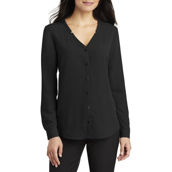Just Blanks Ladies Long Sleeve Button-Front Blouse Notch V-Neck, Black, 4XL