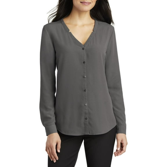 JustBlanks Womens Long Sleeve Button Front Blouse with Notch Neckline Polyester Crepe Fabric
