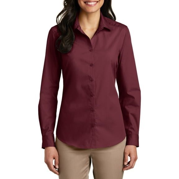 Just Blanks Ladies Long Sleeve Carefree Poplin Shirt, Burgundy, 4XL