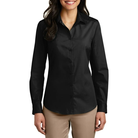Just Blanks Ladies Long Sleeve Carefree Poplin Shirt, Deep Black, 4XL