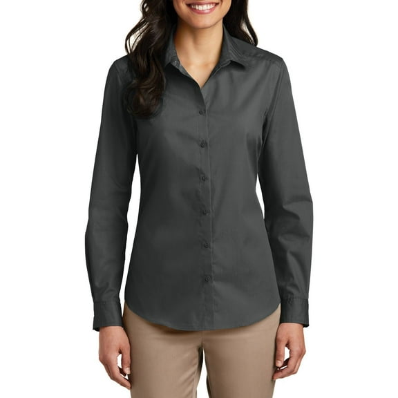 Just Blanks Ladies Long Sleeve Carefree Poplin Shirt, Graphite, 4XL