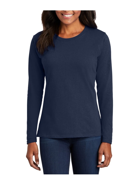 Just Blanks Ladies Long Sleeve Core Cotton Tee, Navy, 4XL
