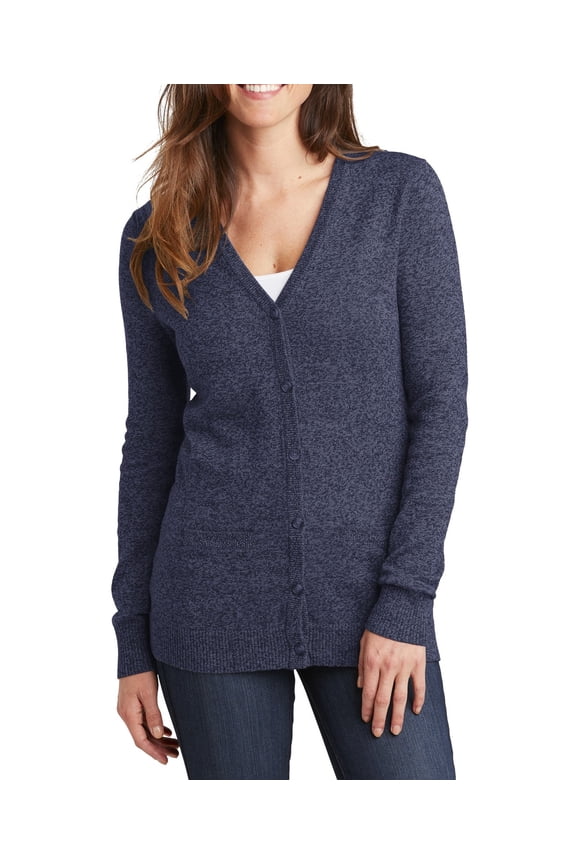 Ladies Marled Cardigan Sweater Cotton Acrylic Blend V Neck Long Sleeve