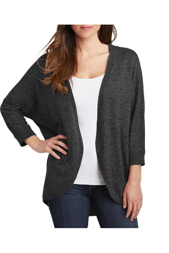 Just Blanks Ladies Marled Cocoon Sweater 3/4-Length Dolman Sleeves Center Back Seam, Black Marl, XS