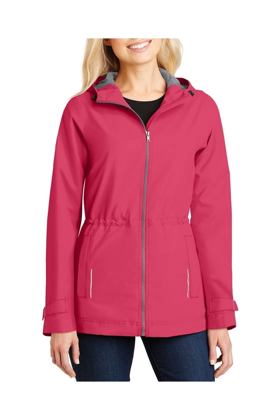 Womens Water Resistant Polyester Full Zip Hooded Rain Jacket with Adjustable Cuffs