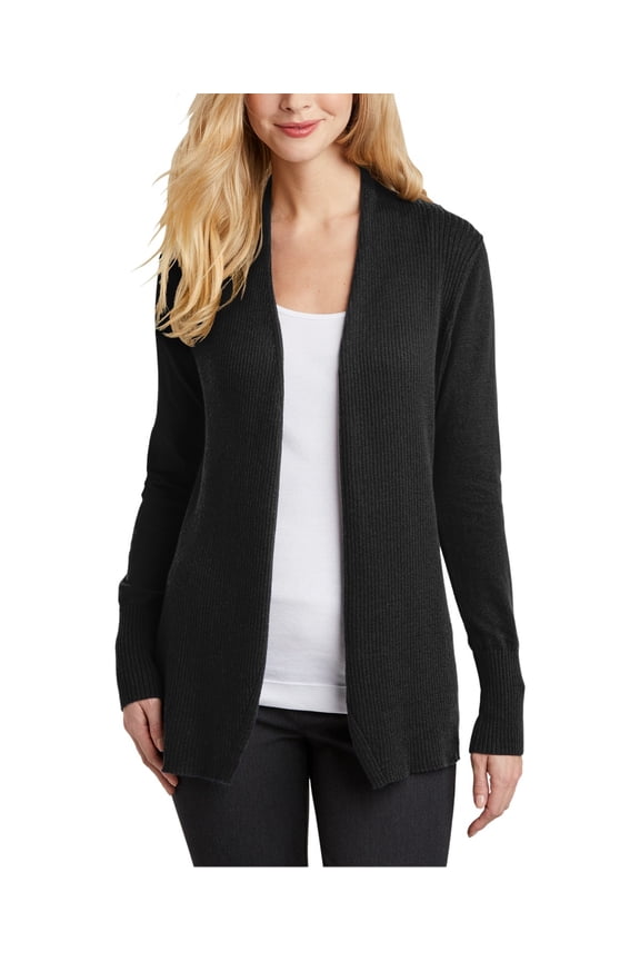 Womens Open Front Cardigan Sweater Cotton Nylon Blend Rib Knit Shawl Collar Long Sleeve