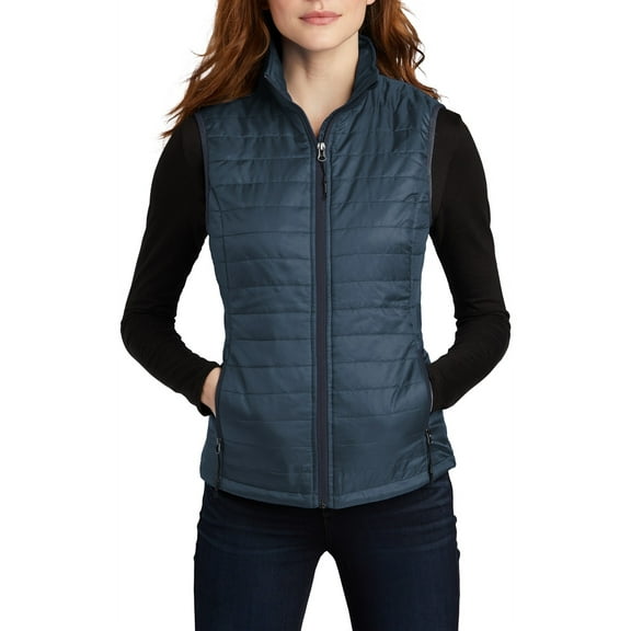 Just Blanks Ladies Packable Puffy Vest Front Zippered Pockets Adjustable Locking Drawcord at Hem, Regatta Blue/ River Blue, 4XL