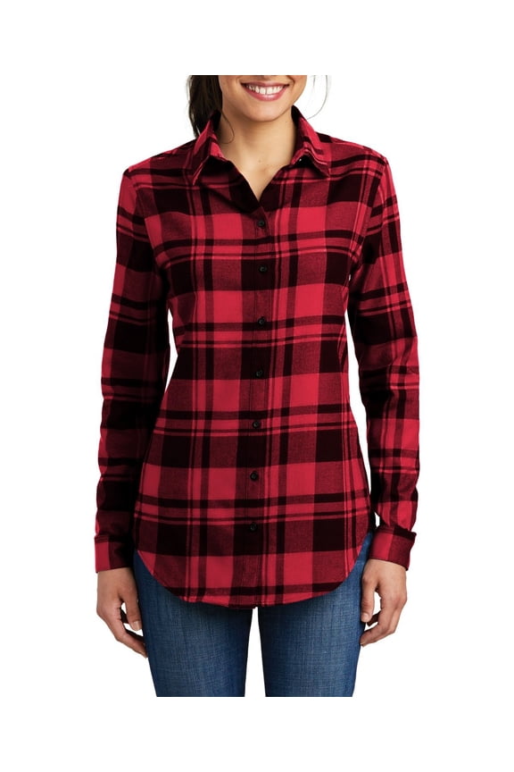 Womens Plaid Flannel Tunic with Roll Up Sleeves Open Collar