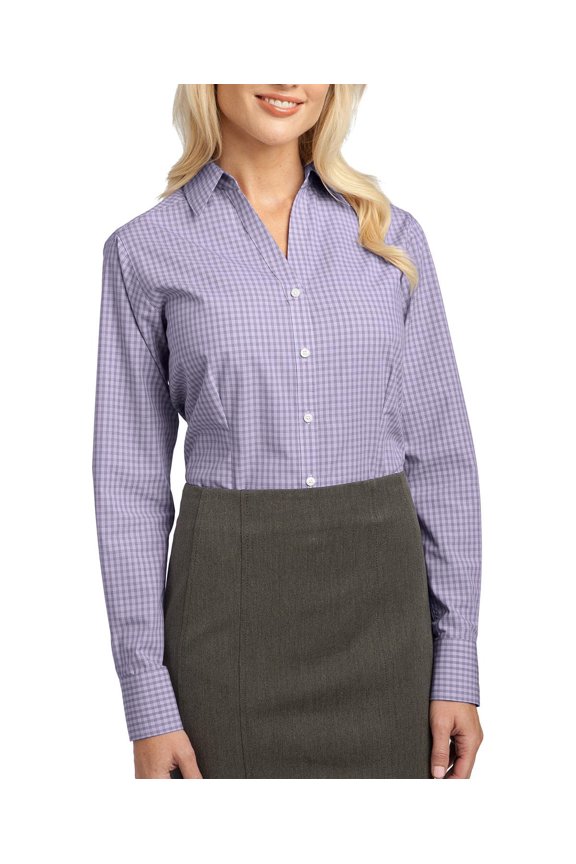 Womens Plaid Pattern Easy Care Shirt Cotton Poly Blend Open Collar Long Sleeve