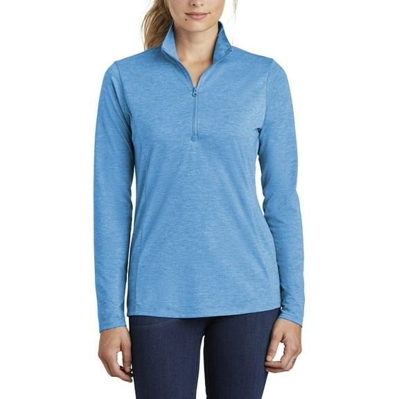Just Blanks Ladies PosiCharge Tri-Blend Wicking 1/4-Zip Pullover, Pond Blue Heather, 4XL