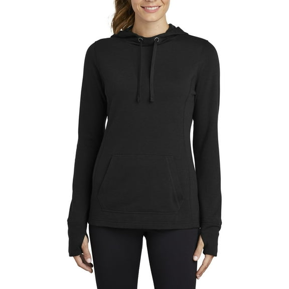 JustBlanks Womens Tri Blend Wicking Fleece Hooded Pullover Moisture Wicking Thumbhole Sleeves Drop Tail Hem