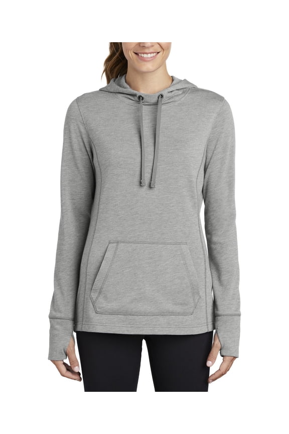 Womens Tri Blend Wicking Fleece Hooded Pullover Moisture Wicking Thumbhole Sleeves Drop Tail Hem