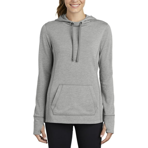 JustBlanks Womens Tri Blend Wicking Fleece Hooded Pullover Moisture Wicking Thumbhole Sleeves Drop Tail Hem