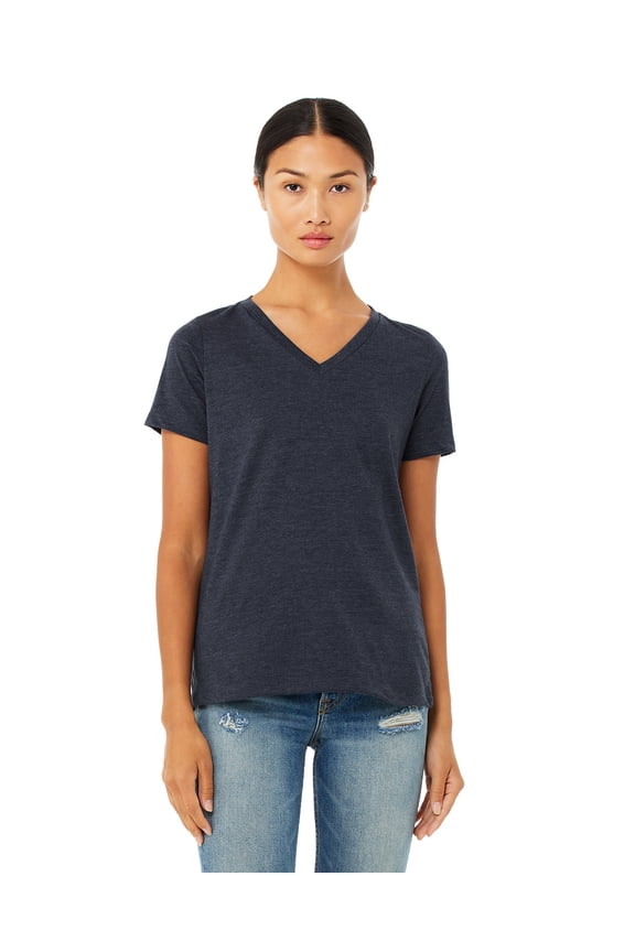 Just Blanks Ladies Relaxed Jersey V Neck T Shirt, HEATHER NAVY, XL