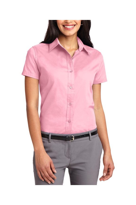 Womens Short Sleeve Easy Care Shirt Cotton Polyester Blend Open Collar Wrinkle Resistant