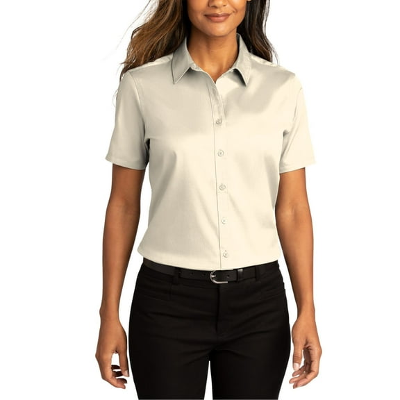JustBlanks Womens Short Sleeve Twill Work Shirt, Wrinkle-Resistant, Stain-Release, Button-Down