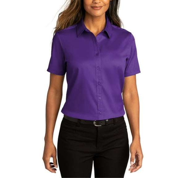 JustBlanks Womens Short Sleeve Twill Work Shirt, Wrinkle-Resistant, Stain-Release, Button-Down