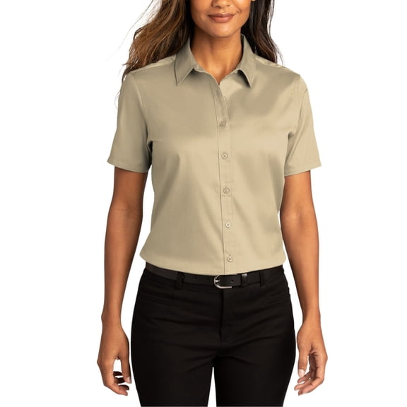 JustBlanks Womens Short Sleeve Twill Work Shirt, Wrinkle-Resistant, Stain-Release, Button-Down